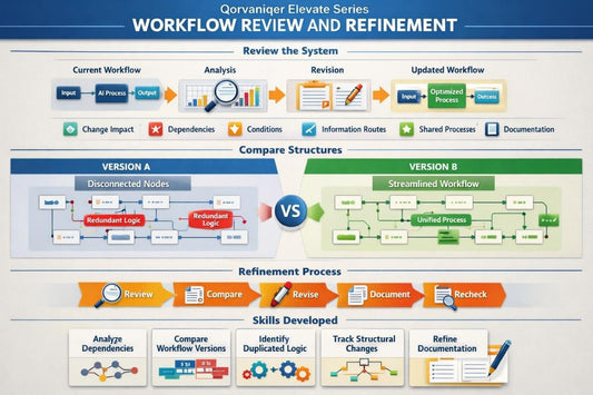 A digital infographic titled 'Qorvanqi Elevate Series Workflow Review and Refinement' showing a process flow diagram with sections for reviewing the system, comparing versions A and B, the refinement process, and skills developed. The design uses a blue, white, and orange color scheme with various process boxes, arrows, and icons.