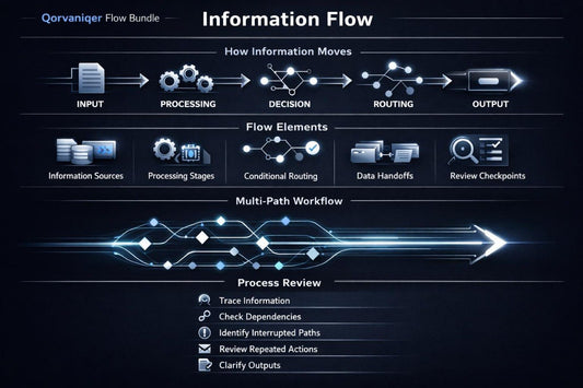 A dark navy digital infographic titled 'Information Flow' from Qorvanizer Flow Bundle, showing process diagrams with glowing blue lines and icons for input, processing, decision, routing, output, flow elements, multi-path workflow, and process review.