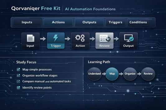A digital infographic titled 'Qorvaniger Free Kit AI Automation Foundations' showing a workflow diagram with labeled boxes for Input, Trigger, Action, Review, and Output, plus a 'Study Focus' and 'Learning Path' section on a dark blue tech-style background.