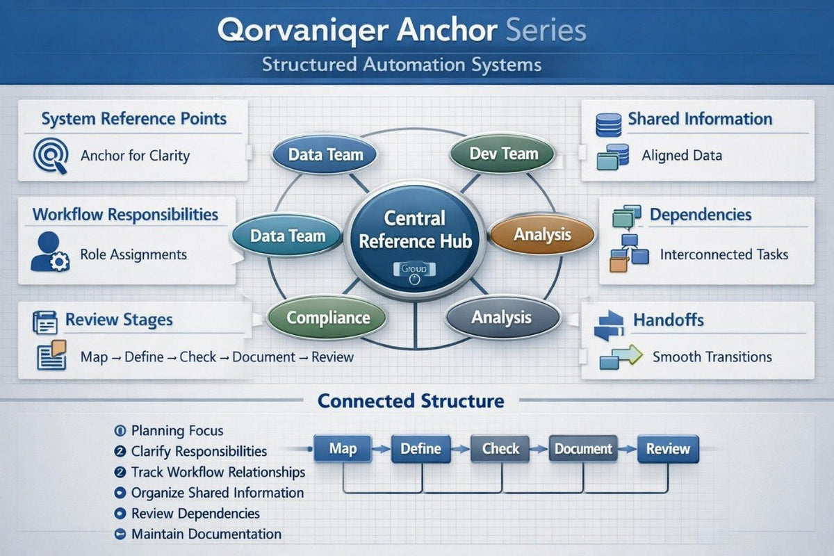 A digital flowchart titled 'Qorvaniger Anchor Series Structured Automation Systems' on a blue and white background, showing a central 'Central Reference Hub' with surrounding process boxes for data teams, analysis, compliance, handoffs, dependencies, and reference points.