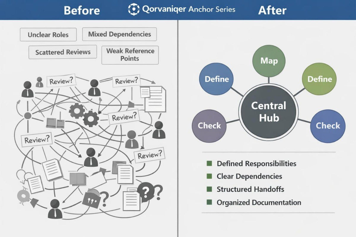 A comparison infographic titled 'Before' and 'After' with the Qorvanqi Anchor Series logo at the top. The left 'Before' side shows a cluttered process diagram with icons, people, and question marks, labeled 'Unclear Roles', 'Mixed Dependencies', 'Scattered Reviews', and 'Weak Reference Points'.