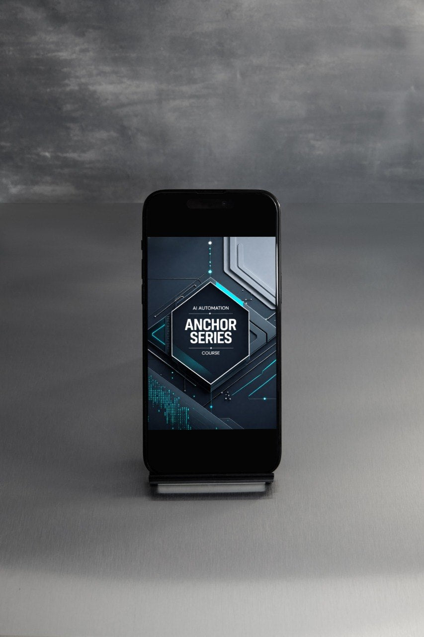 A black smartphone on a small display stand, showing a dark blue and black digital cover design with the text 'ANCHOR SERIES' and 'AI AUTOMATION'. The phone is photographed against a textured gray studio background.