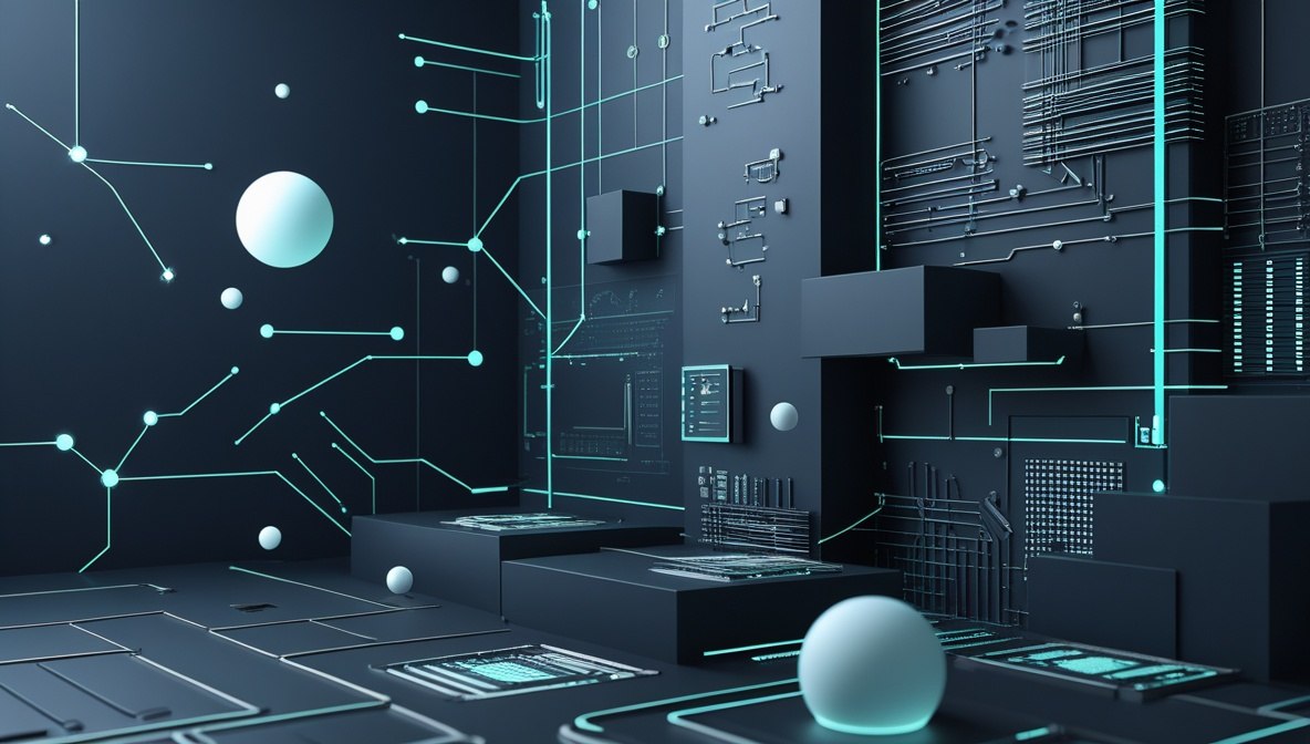 A futuristic dark blue and black digital rendering with glowing cyan circuit lines, geometric panels, and floating white spheres, resembling a high-tech interior or abstract technology concept scene.