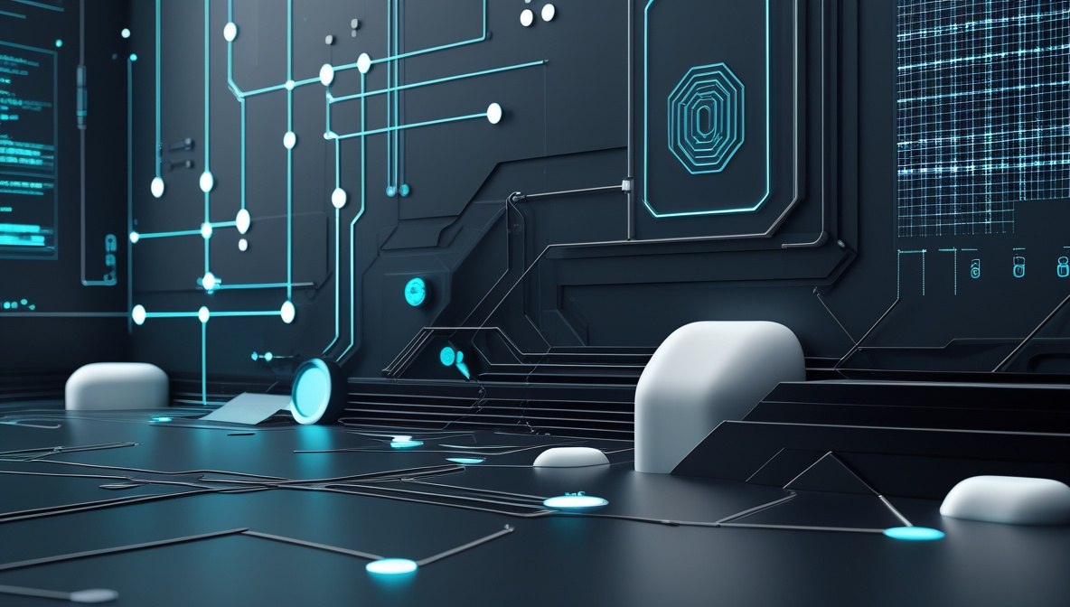 A futuristic dark blue and black digital interface wall with glowing cyan circuit lines, illuminated nodes, and white rounded control elements on a simulated tech background.