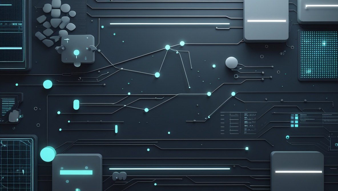 A dark futuristic circuit board or tech interface background with glowing cyan lines, dots, rectangular panels, and abstract digital hardware elements.