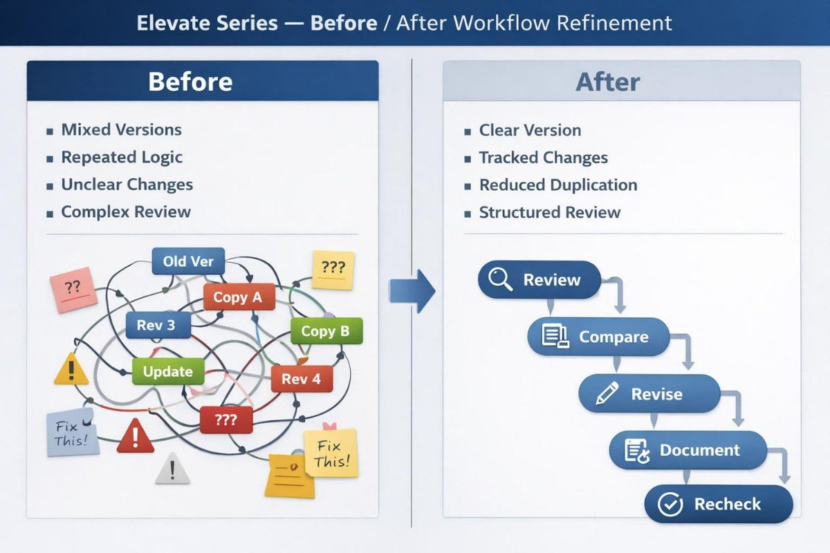 A comparison graphic titled 'Elevate Series — Before / After Workflow Refinement' showing a messy version-control flowchart labeled 'Before' with tangled branches, colored sticky notes, and revision marks, versus a clean 'After' workflow with clear steps for Review, Compare, Revise, Document, and Recheck.
