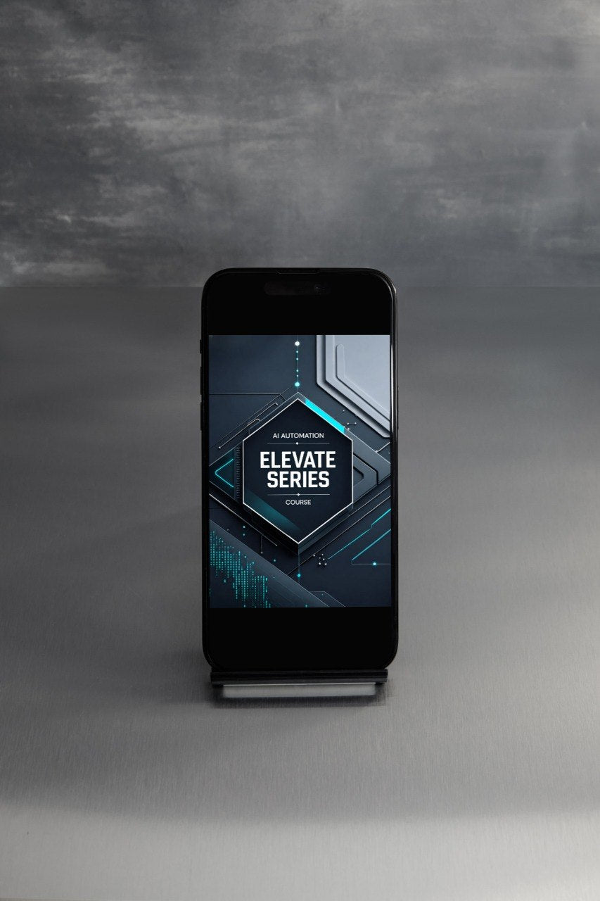 A black smartphone standing upright on a small display stand against a gray studio background. The phone screen shows a dark blue and black geometric graphic with the text 'ELEVATE SERIES' and smaller text that appears to read 'AI AUTOMATION'.