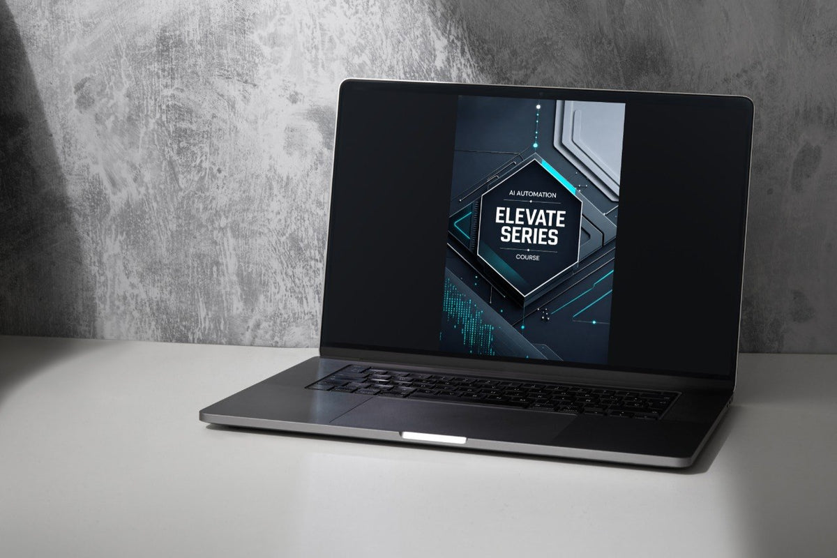 A dark gray laptop sits open on a white tabletop against a textured gray wall, with the screen displaying a course cover that reads 'NEXUS MODULE'.