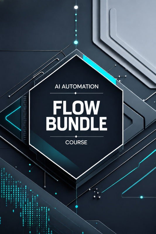 Digital cover graphic for an AI Automation Flow Bundle Course, featuring a dark futuristic hexagonal central panel with white text, surrounded by dark gray and black geometric tech patterns with glowing cyan accents.