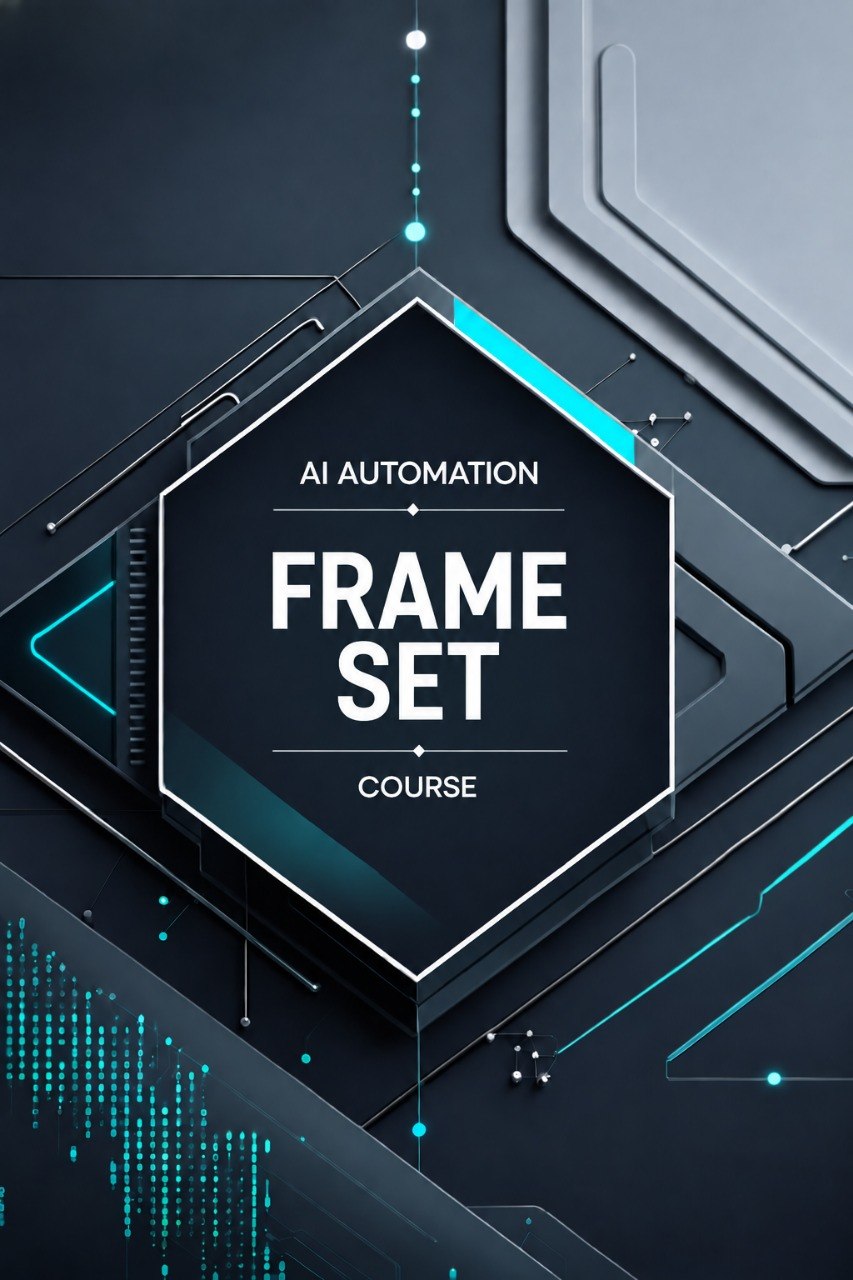 Digital cover graphic for an 'AI Automation Frame Set Course' featuring a central dark hexagonal badge with white text, surrounded by futuristic gray geometric panels and glowing cyan lines on a dark background.