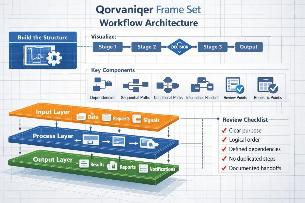 An infographic titled 'Qorvaniger Frame Set Workflow Architecture' on a light blue grid background, showing a layered workflow diagram with blue, orange, and green layers, icons, and a checklist.