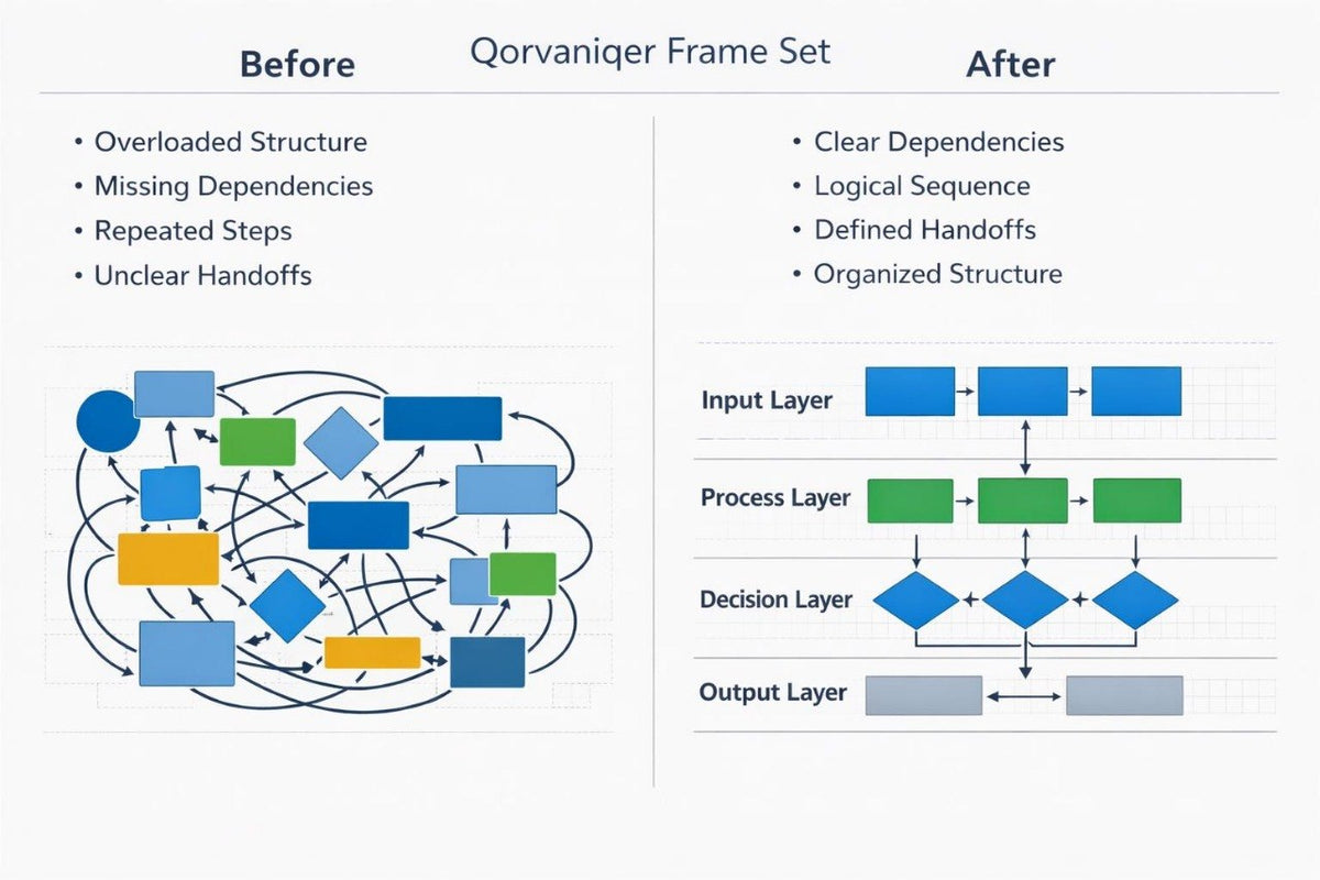 A comparison graphic titled 'Qorvaniger Frame Set' with a 'Before' column showing a cluttered multicolored flowchart and a 'After' column showing a clean four-layer diagram with blue, green, yellow, and gray blocks on a white background.