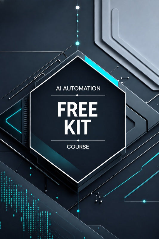 Promotional graphic for an AI Automation Free Kit course, featuring a dark hexagonal central panel with white text, surrounded by futuristic gray geometric shapes and glowing cyan digital lines on a dark background.