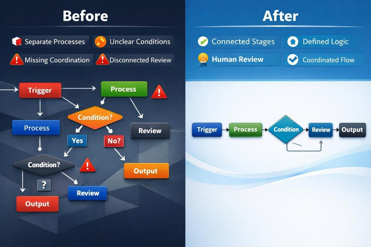 A before-and-after comparison graphic showing a flowchart diagram. The left side, labeled 'Before,' has a dark background and uses multiple colored boxes for trigger, process, condition, review, and output, with warning icons.