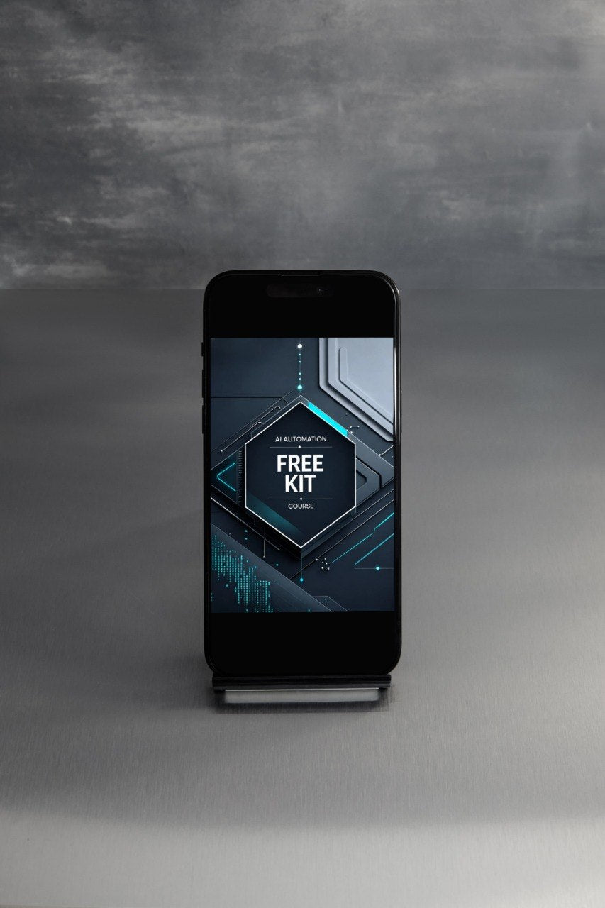 A black smartphone standing upright on a small display stand against a gray studio background. The phone screen shows a dark futuristic interface with the words 'FREE KIT' and 'AI AUTOMATION'.