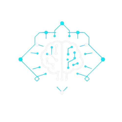 A digital graphic icon depicting a stylized human brain with circuitry and neural pathways, rendered in cyan and white on a solid black background.