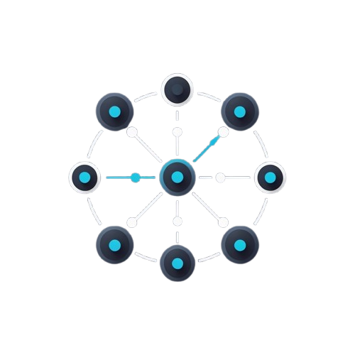 A digital graphic illustration of a circular network or smartwatch ecosystem, featuring multiple dark blue and black smartwatch faces connected by white lines and a cyan central hand on a solid white background.