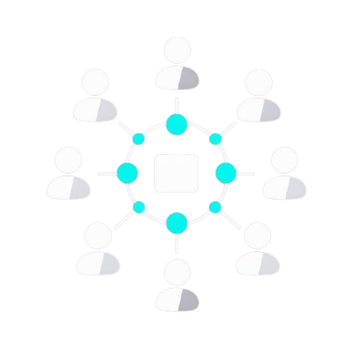 A minimalist white line icon depicting a central square surrounded by a circle of connected nodes, with several small bright cyan dots and larger white-and-gray segmented user-profile silhouettes arranged around the perimeter on a solid black background.
