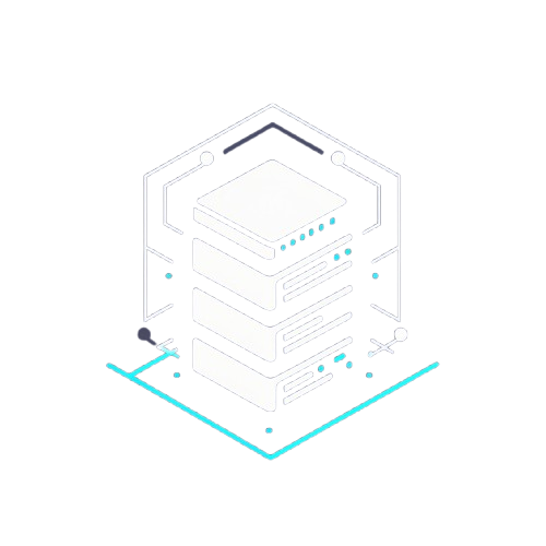 A stylized white and light blue isometric illustration of a server rack or database stack on a plain white background.