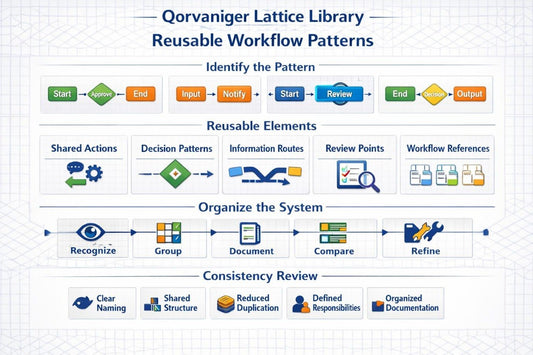 An infographic titled 'Qorvaniger Lattice Library Reusable Workflow Patterns' on a light blue grid background, showing multiple workflow steps and icons such as Start, End, Input, Notify, Review, and Shared Actions arranged in rows.
