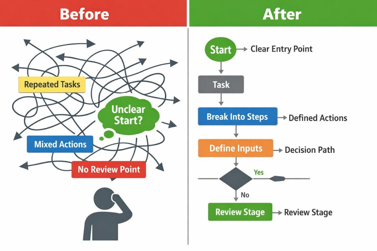 A before-and-after flowchart comparing a messy, unclear workflow on the left with a structured, organized process on the right. The left side has a red header and shows tangled arrows, repeated tasks, mixed actions, and a question mark over a green oval labeled 'Unclear Start?' with a gray silhouette of a person below.