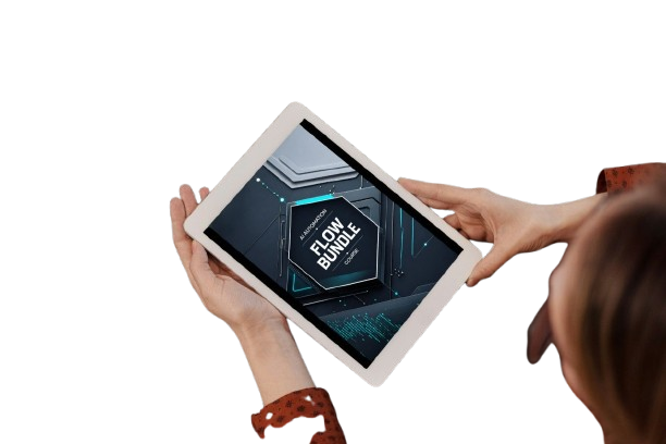 A person holding a white tablet from behind, showing a digital screen with a dark futuristic interface and the text '5.0 DIY BUNDLE'.