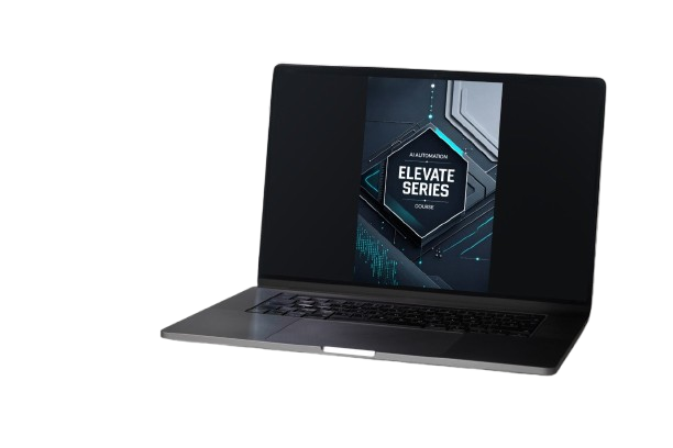 A dark gray laptop shown open at an angle on a plain white background, with its screen displaying a course graphic that reads 'ELEVATE SERIES COURSE'.