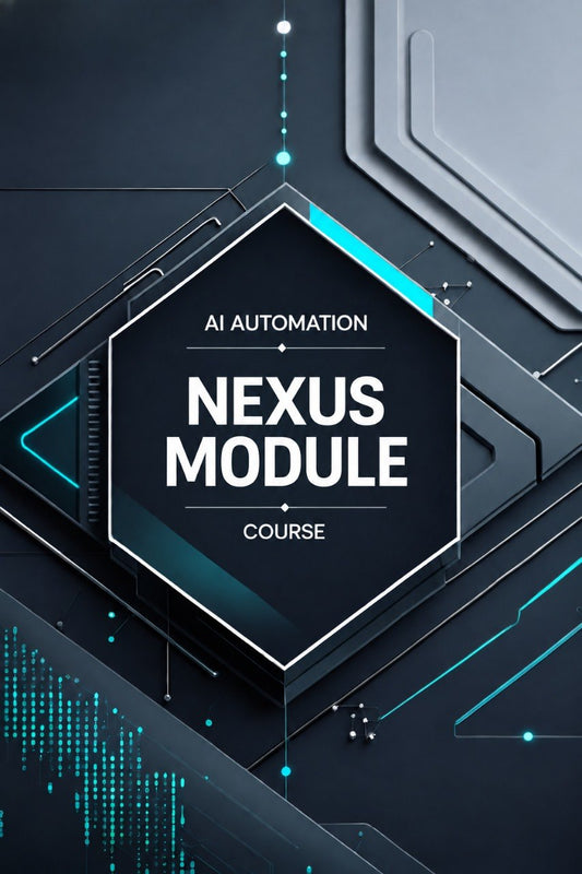 Digital cover graphic for an 'AI Automation Nexus Module Course' featuring bold white text on a dark hexagonal panel, set against a futuristic dark gray and black tech-themed background with glowing cyan lines and circuit-like patterns.