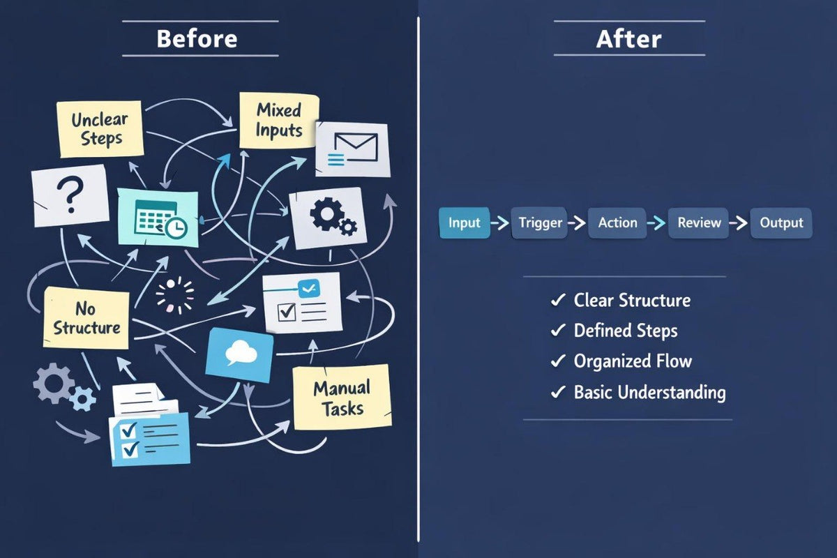A digital infographic comparing a chaotic workflow labeled 'Before' with an organized, streamlined workflow labeled 'After' on a dark blue background. The 'Before' section shows tangled process steps with sticky notes, icons, and arrows.