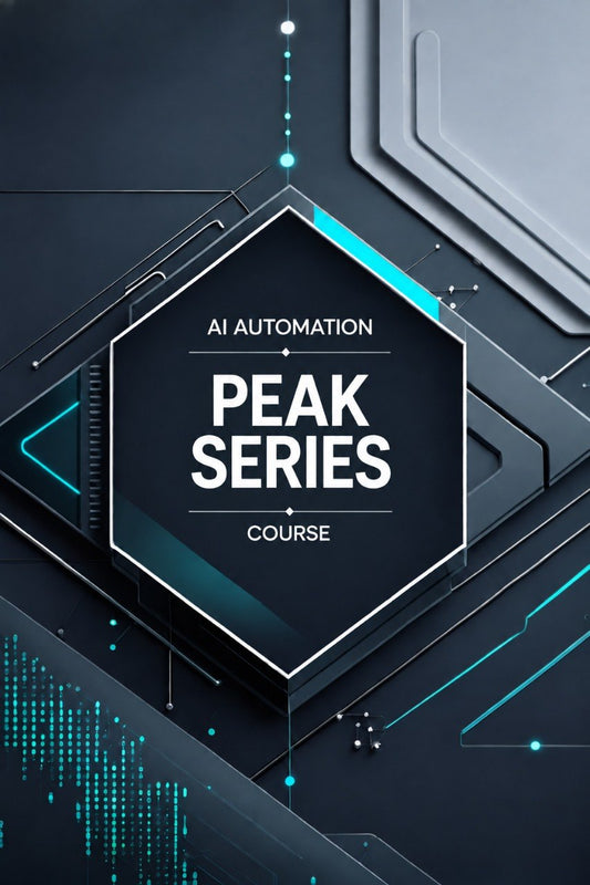 Digital cover graphic for an 'AI Automation Peak Series Course', featuring bold white text inside a dark hexagonal frame with glowing cyan accents on a futuristic dark gray and black tech-themed background.