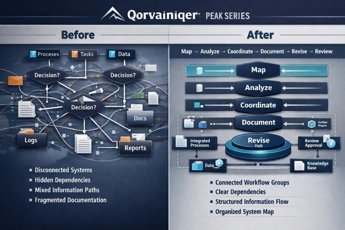 A promotional infographic for Qorvainiger Peak Series software, comparing a 'Before' state of fragmented, disconnected systems with an 'After' state of organized workflow and clear dependencies, presented on a dark blue gradient background.