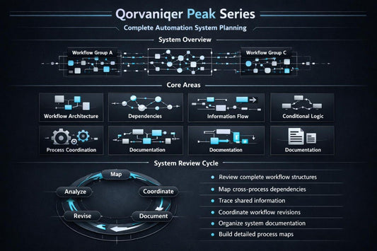 A dark blue technical infographic titled 'Qorvaniger Peak Series' showing a complete automation system planning diagram with workflow groups, core areas, and a system review cycle.