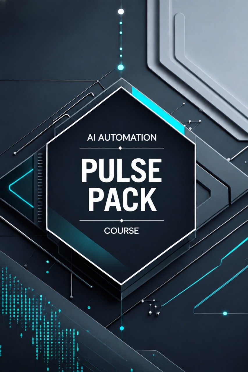 Digital cover graphic for an 'AI Automation Pulse Pack Course', featuring a dark hexagonal central card with white text, set against a futuristic dark gray and black background with glowing cyan lines and circuit-like patterns.