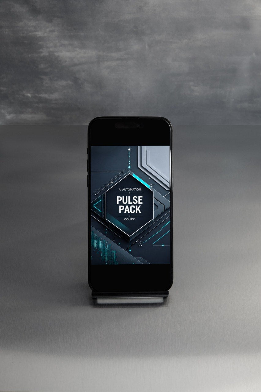 A smartphone on a small stand displaying a dark tech-style graphic with the text 'PULSE PACK' and 'AI AUTOMATION'. The phone is photographed against a smoky gray studio background.