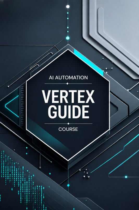 Digital cover graphic for an AI Automation Vertex Guide course, featuring bold white text on a dark geometric hexagonal card with cyan accents and a futuristic tech background.