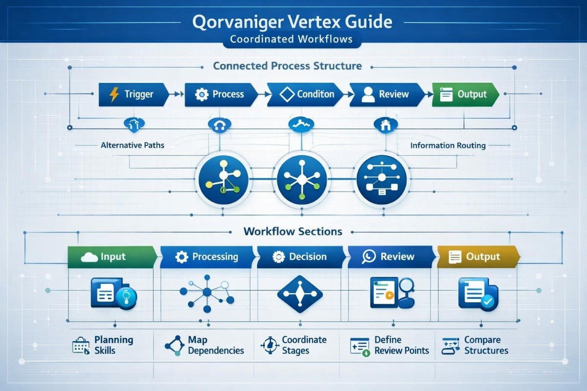 A digital infographic titled 'Qorvaniger Vertex Guide' showing a blue and white process flow diagram with icons and labels for connected workflow steps, alternative paths, and workflow sections.