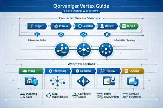 A digital infographic titled 'Qorvaniger Vertex Guide' showing a blue and white process flow diagram with icons and labels for connected workflow steps, alternative paths, and workflow sections.