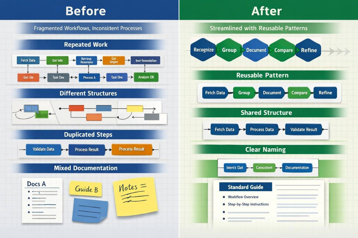 A before-and-after workflow optimization comparison chart with blue and green sections, showing process improvements such as repeated workflows, different structures, duplicated steps, mixed documentation, reusable patterns, shared structure, clear naming, and a standard guide.